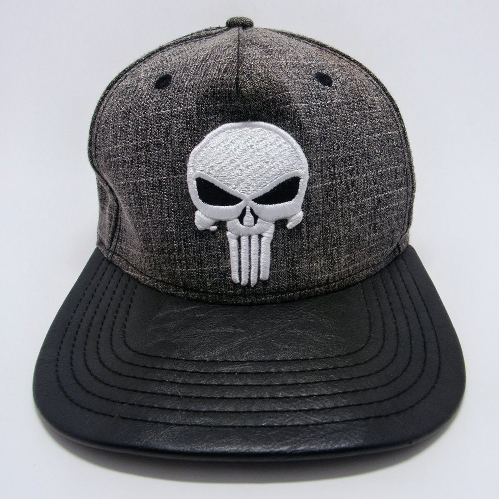 Marvel Punisher Comic Snapback Faux Leather Flat Bill Dark Gray